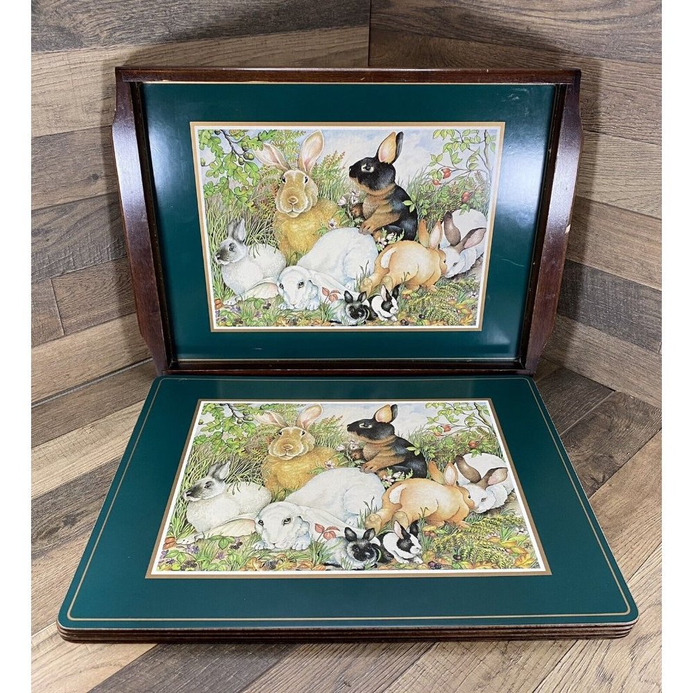 Vintage Pimpernel 4 Place Mats & Wood Serving Tray Rabbits England Easter Spring